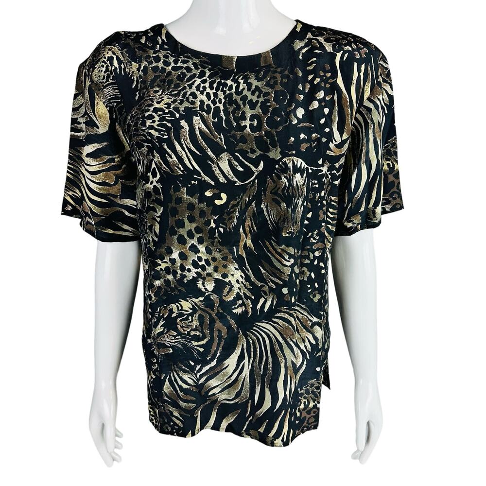FU DA Womans Sz Medium Blouse Black Animal Print 100% Silk Short Sleeve‎